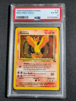 1999 Pokemon Fossil Moltres Holo Rare Card #12/62 PSA 6 Freshly Graded Slab - Image 1