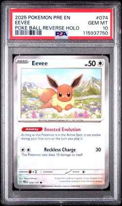 2025 POKEMON PRE EN-PRISMATIC EVOLUTIONS EEVEE 074 POKE BALL REVERSE HOLO PSA 10 - Image 1