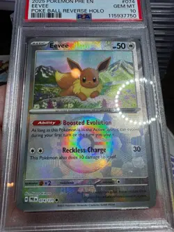 2025 POKEMON PRE EN-PRISMATIC EVOLUTIONS EEVEE 074 POKE BALL REVERSE HOLO PSA 10 - Image 2