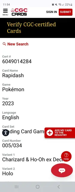 Rapidash 005/034 CGC Pristine 10 English Pokemon Holo Slab - Image 2