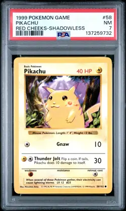 1999 POKEMON BASE SET SHADOWLESS RED CHEEKS-#58 PIKACHU PSA 7 - Image 1