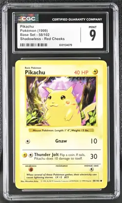 CGC 9 Pikachu 1999 Base Set 58/102 Shadowless Red Cheeks Pokemon Card - Image 1