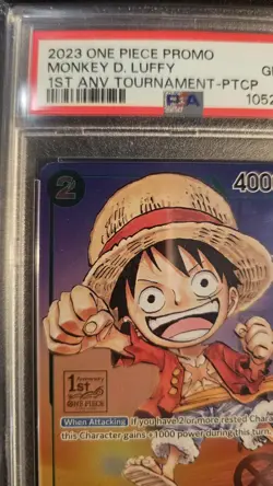 Bandai One Piece CCG Monkey D. Luffy P-037 1st Anniversary Foil Promo PSA 10 - Image 5