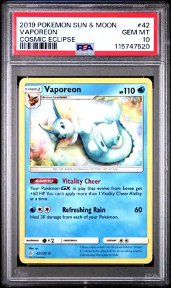 2019 POKEMON SUN & MOON COSMIC ECLIPSE #42 VAPOREON PSA 10 - Image 1