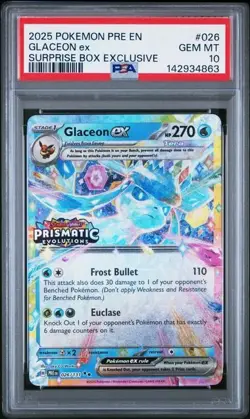 2025 Pokemon Prismatic Evolutions Surprise Box Exclusive #026 Glaceon EX PSA 10 - Image 1
