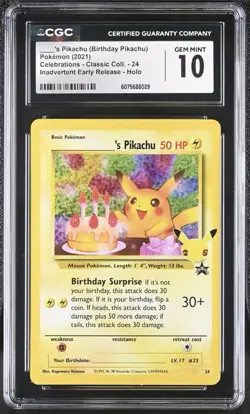 CGC 10 GEM MINT Birthday Pikachu Celebrations 24 Classic Collection Holo Pokemon - Image 1