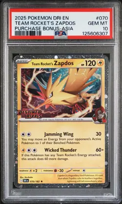 PSA 10 Team Rocket's Zapdos 070/182 Purchase Bonus-asia Pokemon - Image 1