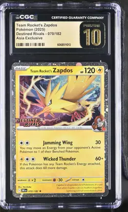 CGC 10 Pristine Team Rocket's Zapdos 070/182 Asia Exclusive Stamped Pokemon - Image 1