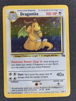 Pokemon TCG Dragonite 4/62 Fossil Rare Holo Card WOTC 1999 - Image 1