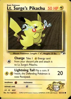 Lt. Surge's Pikachu 81/132 Common WOTC Gym Heroes Pokemon - Image 1
