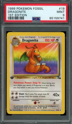 Dragonite Pokemon 1999 Fossil 1st Edition Non Holo Rare 19/62 WOTC PSA 9 MINT - Image 1
