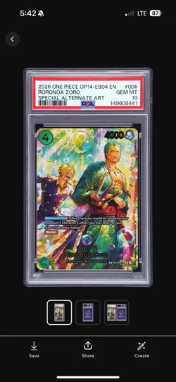 2026 ONE PIECE THE AZURE SEA'S SEVEN SPECIAL ALT ART #006 RORONOA ZORO PSA 10 - Image 2
