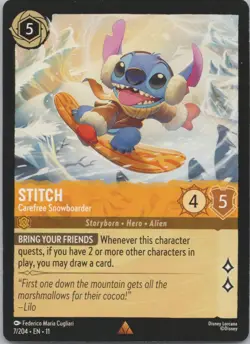 Disney Lorcana Winterspell (11) #7/204 Stitch - Carefree Snowboarder - Image 1