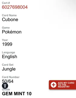 Cubone 50/64 Jungle Regular 1999 Pokemon CGC GEM MINT 10 POP 88 LOW POP English - Image 4