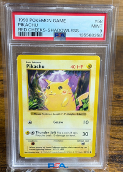 PIKACHU POKEMON 1999 BASE SET SHADOWLESS RED CHEEKS PSA Mint 9 - Image 1