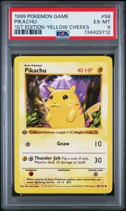 1999 Pokemon 1st Edition Base Set Shadowless Pikachu #58 Yellow Cheeks PSA 6 - Image 1