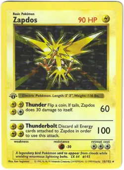 HP Pokemon TCG Base Set 1st Edition Zapdos Holo 16/102 - Image 1