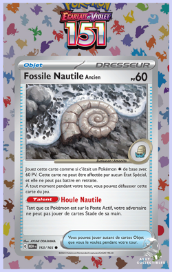 Fossile Nautile Ancien 153/165 Co Ecarlate Violet 3.5 MEW 151FR Carte Pokemon - Image 1