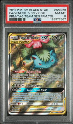 Pokemon Venusaur & Snivy GX Tag Team Gen. Premium Coll. FA Promo SM229 PSA 8 - Image 1