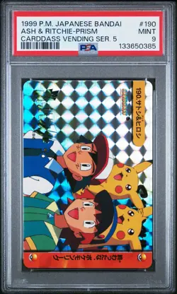 PSA 9 2025 CERT ASH & RITCHIE PIKACHU PRISM 1999 POKEMON JPN BANDAI CARDDASS 190 - Image 1