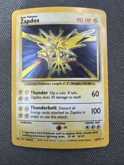 Pokemon TCG Zapdos Base Set Holo Unlimited Rare Card 16/102 Near Mint NM - Image 1