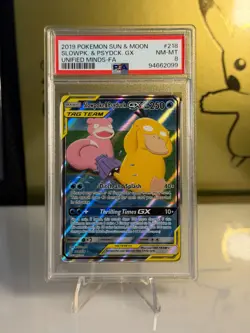 2019 Pokemon Slowpoke & Psyduck GX Full Art PSA 8 Unified Minds 218/236 - Image 1