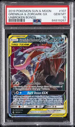 2019 POKEMON SUN & MOON UNBROKEN BONDS #107 GRENINJA & ZOROARK GX PSA 10 - Image 1