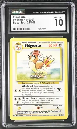 CGC 10 GEM MINT Pidgeotto 1999 Base Set 22/102 Pokemon Card - Image 1