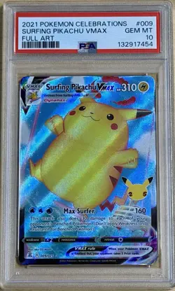 Pokemon Celebrations 009 Surfing Pikachu VMAX PSA 10 Gem Mint Holo Rare Card FA - Image 1
