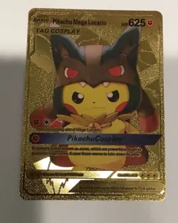 Pikachu Mega Lucario Cosplay Gold Fan Art Metal Pokemon Card #009 HP625 - Image 1