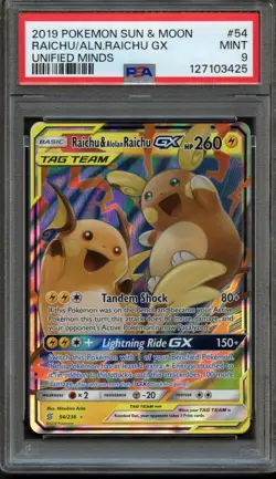 Raichu & Alolan Raichu GX 54/236 Unified Minds PSA 9 Mint Pokemon Card - Image 1