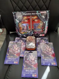 (LOT OF 7) One Piece TCG Mini Tin OP13 + illustration box + sleeved booster OP14 - Image 1