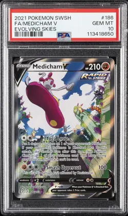 2021 POKEMON SWORD & SHIELD EVOLVING SKIES #186 FULL ART/MEDICHAM V PSA 10 - Image 1