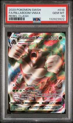 2020 POKEMON SWORD & SHIELD REBEL CLASH #018 FULL ART/RILLABOOM VMAX PSA 10 - Image 1