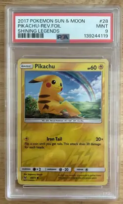 2017 POKEMON SUN & MOON SHINING LEGENDS #28 PIKACHU-REVERSE FOIL PSA 9 - Image 1
