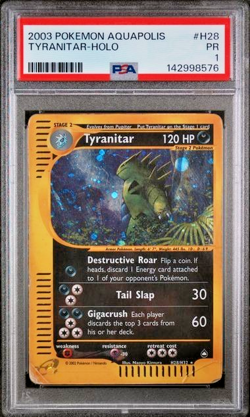 HUGE SWIRL PSA 1 PR 2003 Aquapolis Tyranitar Holo Foil Rare H28/H32 Pokemon - Image 1