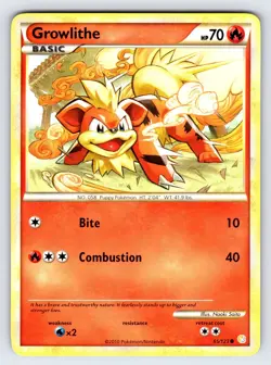 Growlithe 65/123 2010 HeartGold SoulSilver Pokemon Card TCG Common - Nm/Vlp - Image 1