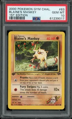 PSA 10 Blaine's Mankey 1st Edition Gym Challenge 63/132 Pokemon Card - Image 1