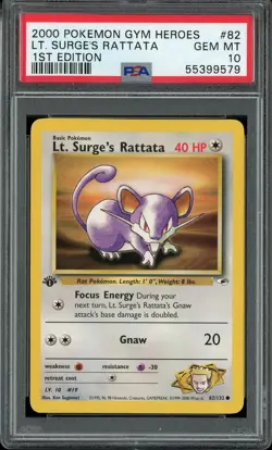 PSA 10 Lt. Surge's Rattata 1st Edition Gym Heroes 82/132 Pokemon Card - Image 1