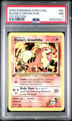 2000 Pokemon Gym Challenge - Blaine's Growlithe #62 1st Edition - PSA 7 - Image 1
