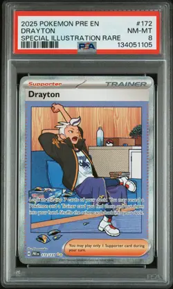 2025 Pokemon S&V Prismatic Evolutions Drayton Special Illustration PSA 8 172/131 - Image 1