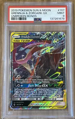 Greninja & Zoroark GX 107/214 PSA 9 Sm-Unbroken Bonds Holo Pokemon TCG - Image 1