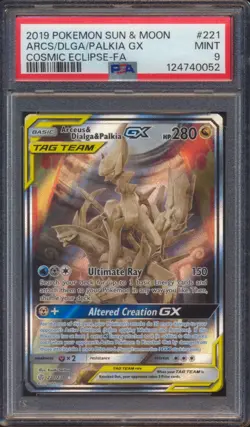 2019 POKEMON COSMIC ECLIPSE ARCEUS DIALGA PALKIA GX FULL ART #221 PSA 9 - Image 1