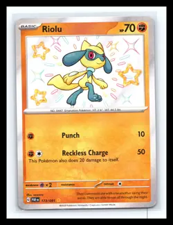 💥 Riolu - # 173/091 Pokemon TCG SV: Paldean Fates Baby Shiny Rare Holo 2024 - Image 1