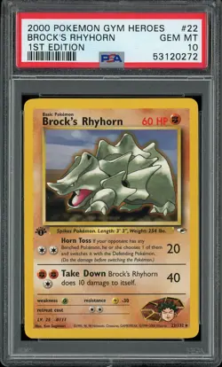 PSA 10 Brock's Rhyhorn 1st Edition Gym Heroes 22/132 Rare Pokemon Card - Image 1
