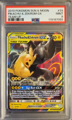 2019 Pokemon, Sun & Moon, Pikachu & Zekrom GX #33/181 Team Up Holo, PSA 9, UR - Image 1