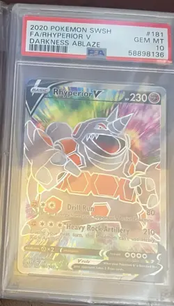 2020 POKEMON SWSH #181 RHYPERIOR V DARKNESS ABLAZE Psa 10 Gem Mint Full Art - Image 1