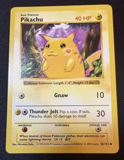 Pokemon Pikachu TCG Base Set Shadowless Common Card 58/102 Red Cheeks HP - Image 1