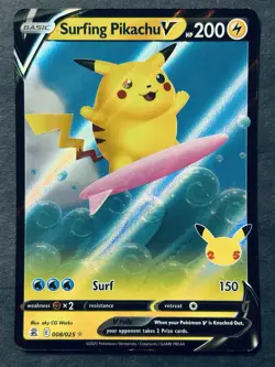 Pokemon TCG Surfing Pikachu v Celebrations Holo Ultra Rare Card 008/025 NM - Image 1