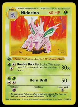 Pokemon Card - Nidorino Base Set (Shadowless) 37/102 Uncommon 1st Edition - Image 1